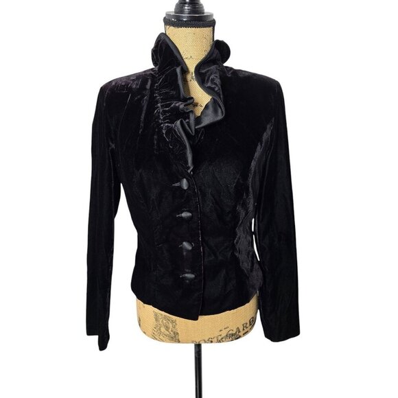 Vintage Vampy Black Velvet Romantic Ruffled Jacket - Picture 1 of 13